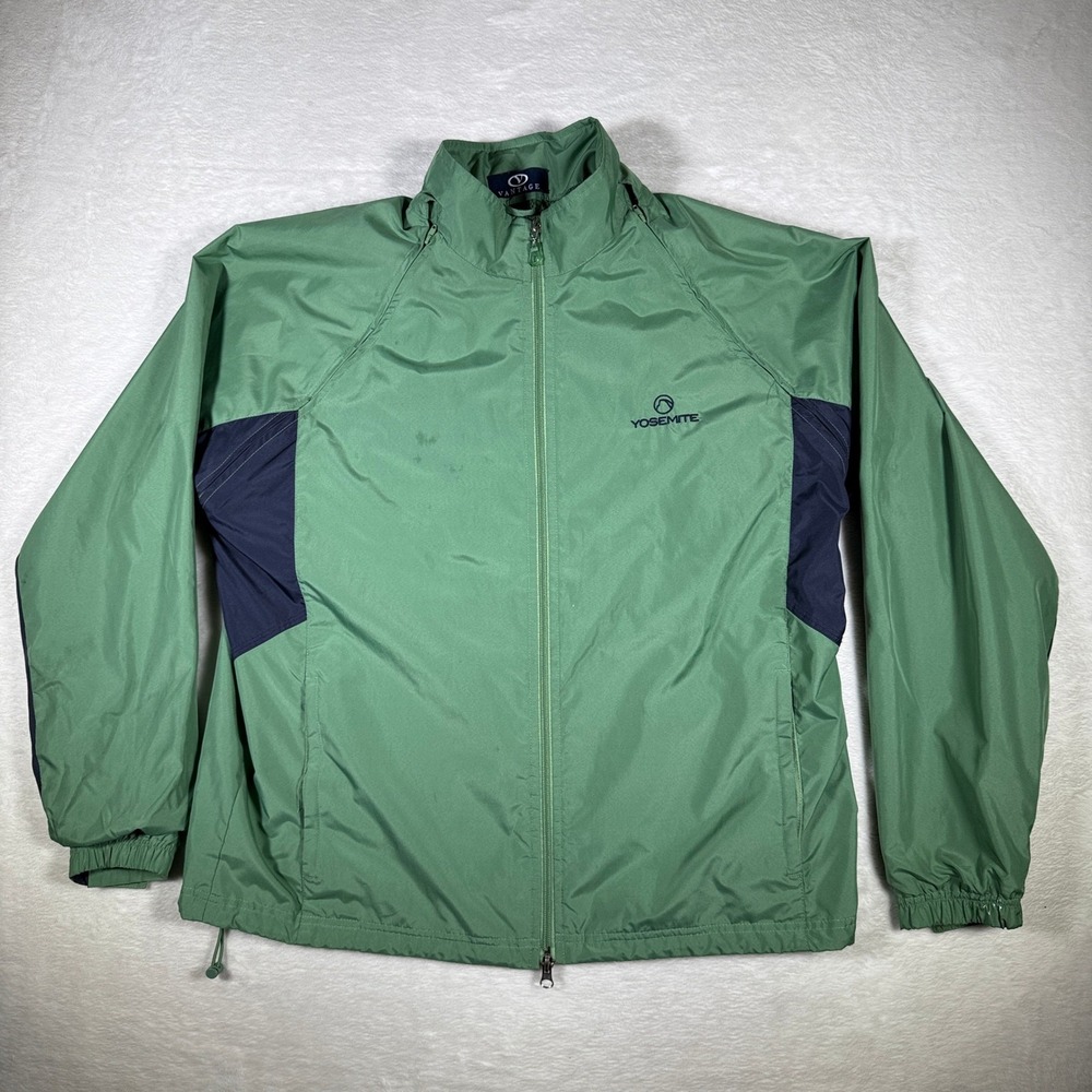Vantage‎ Yosemite Green Navy Colorblock Zip Up Hooded Windbreaker Jacket LG
